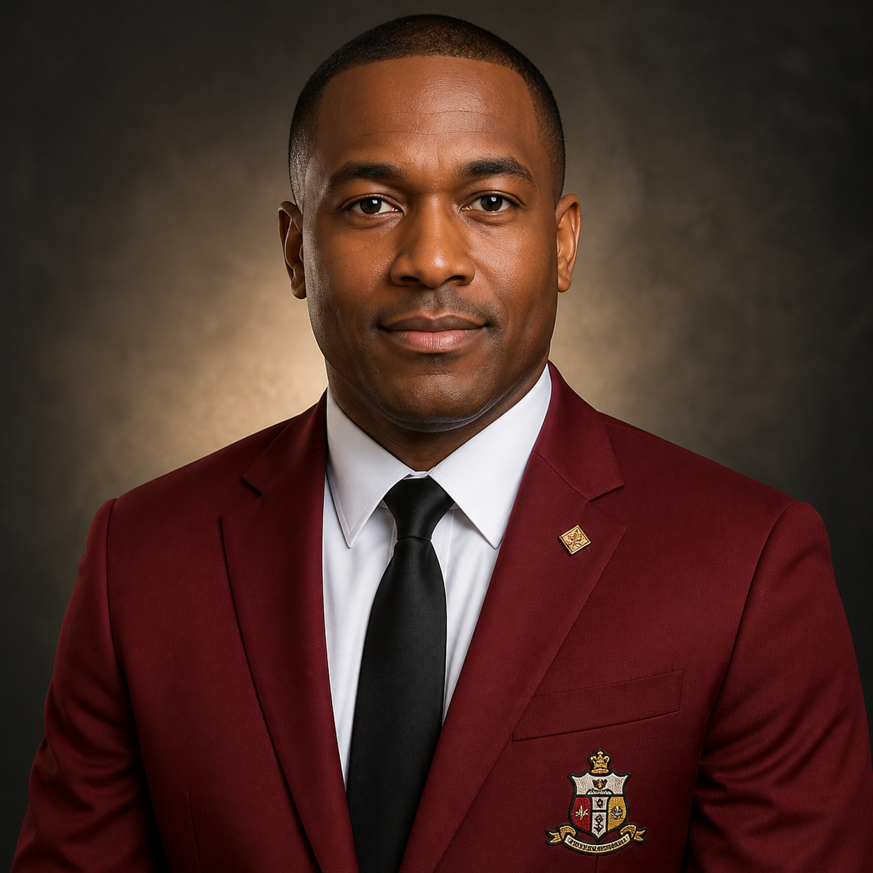 Fictional portrait-style example of a Brother in a crimson Kappa blazer