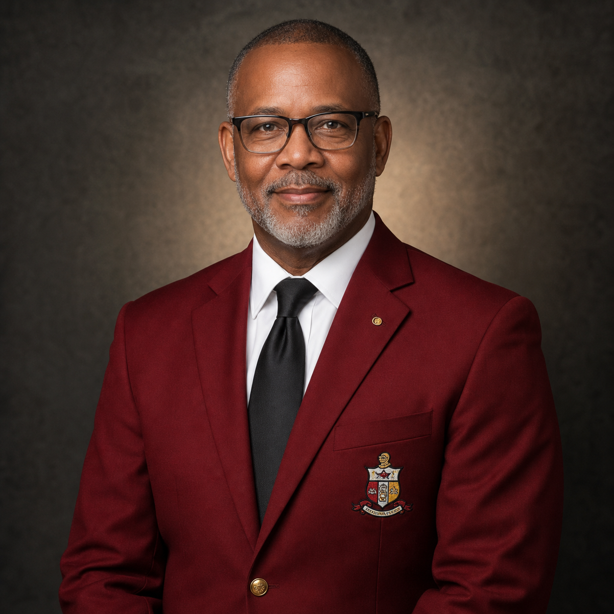 Fictional portrait-style example of a senior Brother in a crimson Kappa blazer