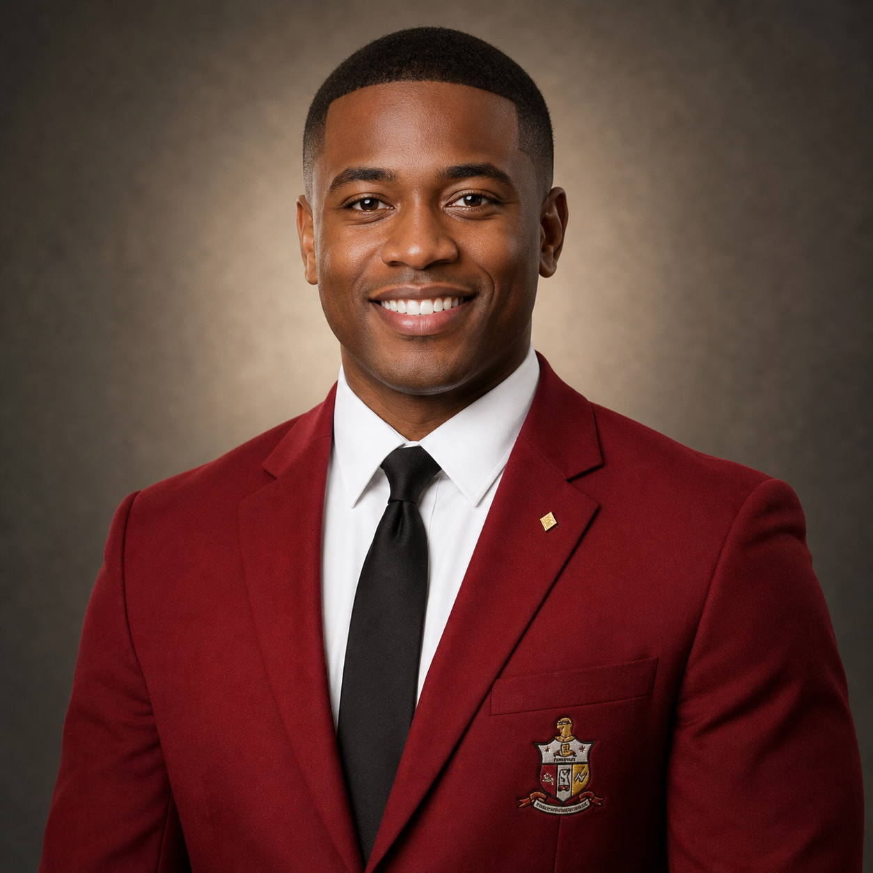 Fictional portrait-style example of a young Brother in a crimson Kappa blazer