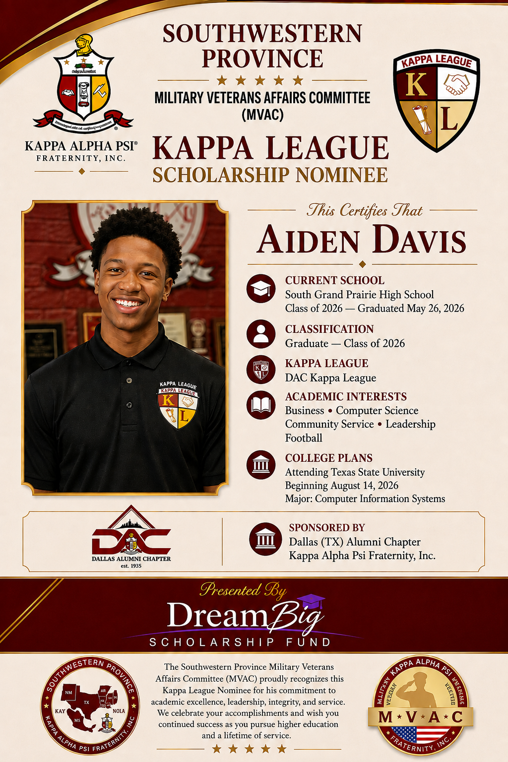 Scholarship spotlight recognizing Aiden Davis, a 2026 Kappa League scholarship nominee